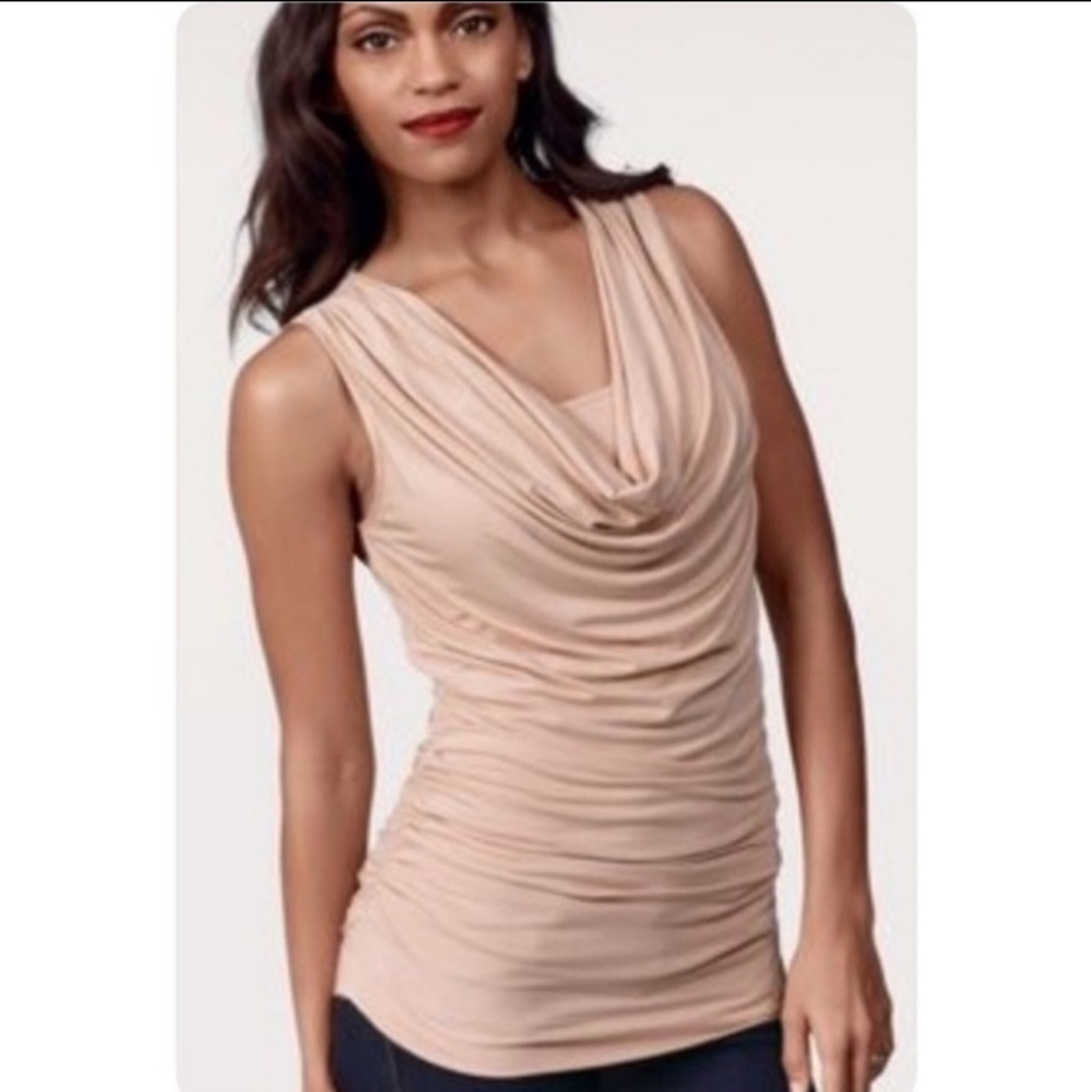 CAbi Cowl Neck Sleeveless Ruched Front Top